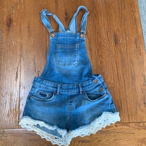 Superdry Denim Short Overalls with Cream Lace Hem Women’s Distressed Size Small